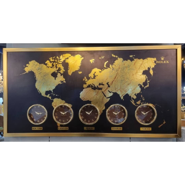ساعت دیواری چند زمانه اسپریت مدل s10، ساعت دیواری جهان نما طرح نقشه جهان، ساعت دیواری مناسب هتل، صرافی، سالن پذیرایی، رنگ طلایی