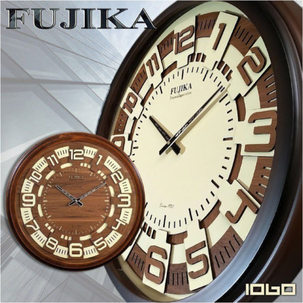 ساعت دیواری فوجیکا Fujika مدل 1060، ساعت دیواری سایز 60 با متریال طرح چوب و اعداد لاتین، طراحی خلاقانه صفحه ساعت، دارای تنوع طرح و مدل، رنگ قهوه ای تیره