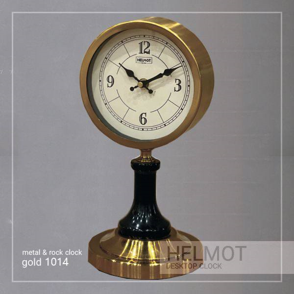 ساعت رومیزی هلموت، ساعت رومیزی با متریال ترکیبی سنگ و فلز، ساعت رومیزی مدرن با موتور آرامگرد، رنگ طلایی با صفحه کرم، مدل 1014