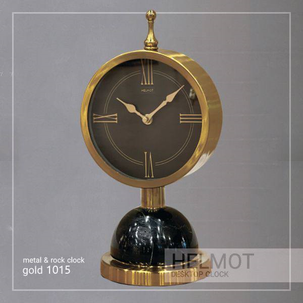ساعت رومیزی هلموت، ساعت رومیزی با متریال ترکیبی سنگ و فلز، ساعت رومیزی مدرن با موتور آرامگرد، رنگ طلایی با صفحه مشکی، مدل 1015