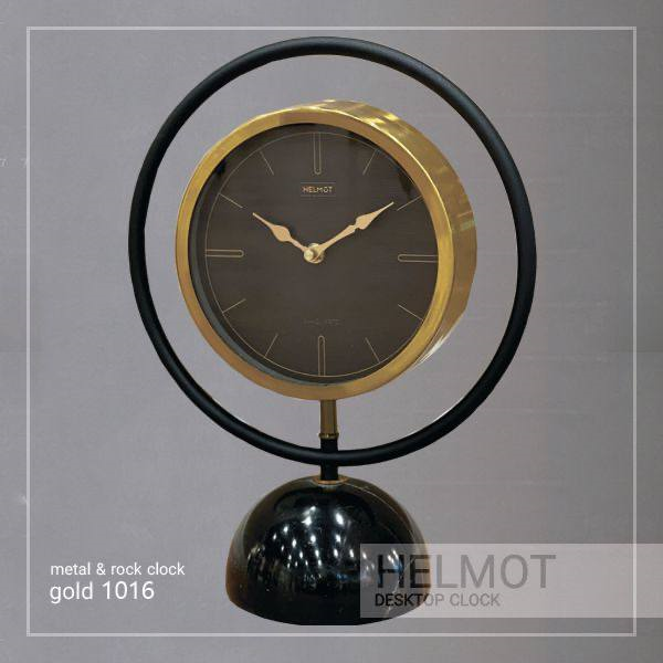 ساعت رومیزی هلموت، ساعت رومیزی با متریال ترکیبی سنگ و فلز، ساعت رومیزی مدرن با موتور آرامگرد، رنگ طلایی با صفحه مشکی، مدل 1016