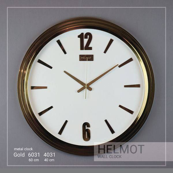  ساعت دیواری چوبی مدل هلموت کد 4031، ساعت دیواری مدرن با طراحی مینیمال در دو سایز، متریال تمام فلز، اعداد برجسته استیل طلایی، موتور میتسو با 5 سال ضمانت هلموت، 
