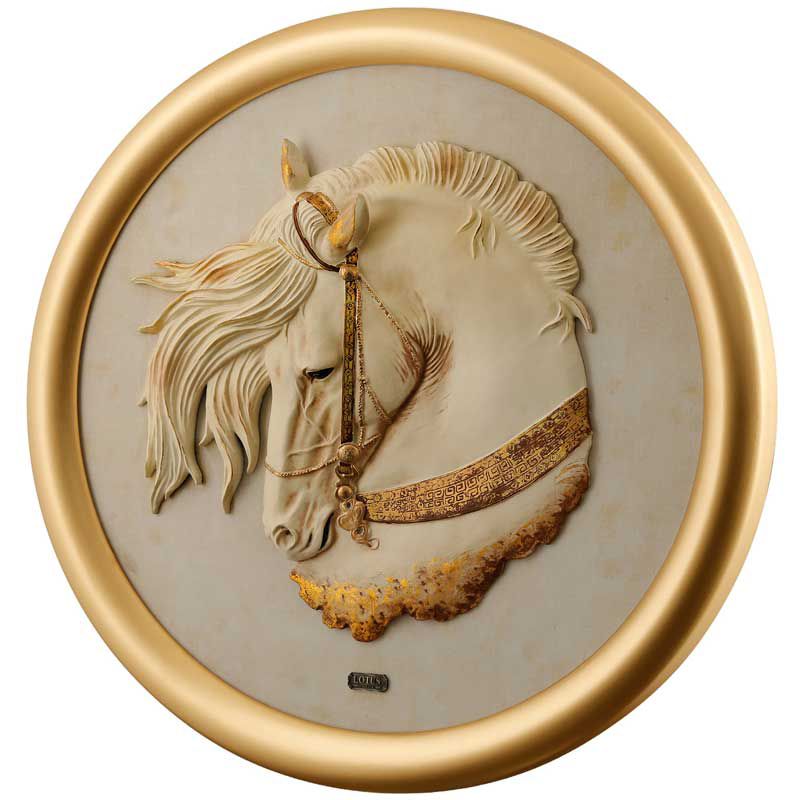 تابلو نقش برجسته لوتوس طرح اسب، تابلو شیک و مدرن سایز 65، نقشه برجسته دست ساز از جنس پلیرزین، قاب و فریم تشکیل شده از مواد چوبی و سنگی| مدل 3008 سفیدطلایی خرید تابلو چوبی