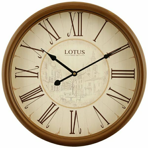 ساعت دیواری چوبی لوتوس، ساعت دیواری سایز 45، ساعت دیواری کلاسیک با اعداد رومی، ساعت دیواری گرد چوبی نوستالژی طرح دار | کد W 359