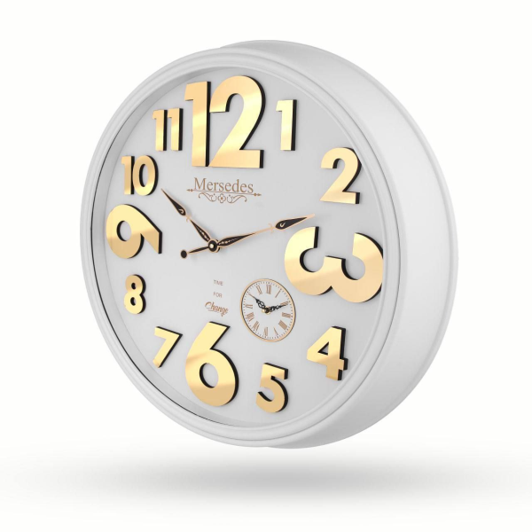 ساعت دیواری مرسدس، ساعت دیواری سایز 73 پلاستیکی طرح کلاسیک با صفحه چوبی و اعداد برجسته مولتی | رنگ سفید  M250