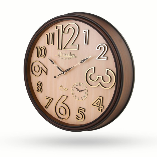 ساعت دیواری مرسدس، ساعت دیواری سایز 73 پلاستیکی طرح کلاسیک با صفحه چوبی و اعداد برجسته مولتی |  M230