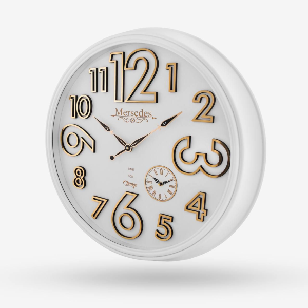 ساعت دیواری مرسدس، ساعت دیواری سایز 73 پلاستیکی طرح کلاسیک با صفحه چوبی و اعداد برجسته مولتی | رنگ سفید  M210