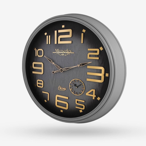 ساعت دیواری مرسدس، ساعت دیواری سایز 73 پلاستیکی طرح کلاسیک با صفحه چوبی و اعداد برجسته مولتی | رنگ طوسی M180