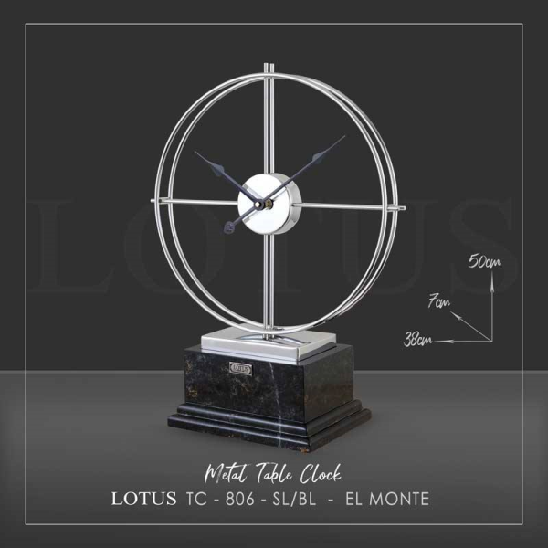 ساعت رومیزی فلزی لوتوس، جدیدترین ساعت رومیزی مینیمال ترکیب فلز آبکاری و چوب با موتور آرامگرد رنگ نقره‌ای مدل 806