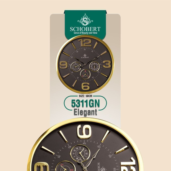 ساعت دیواری فلزی شوبرت، ساعت دیواری چهار موتوره سایز 50 طلایی آبکاری شده صفحه مشکی مدل 5311