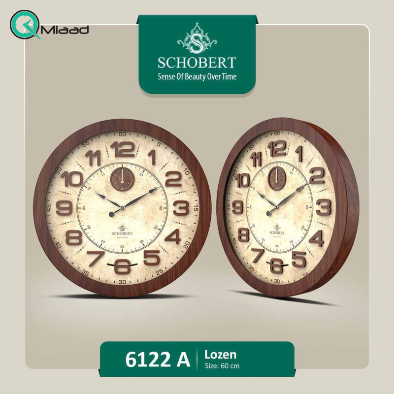 ساعت دیواری چوبی شوبرت، ساعت دیواری کلاسیک قطر 58 پاندول دار با موتور ثانیه شمار و موتور آرامگرد تایوانی، مدل 6122 A قیمت ساعت دیواری