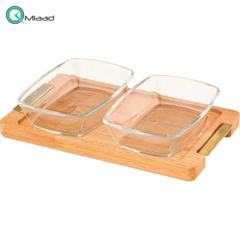 اردوخوری 2 عددی پایه چوبی برند لیمون مدل 224459، اردو خوری بزرگ 2 خانه پایه چوبی مربعی برای سرو شیک و منظم تنقلات و خوراکیهای متنوع در میز پذیرایی یا آشپزخانه