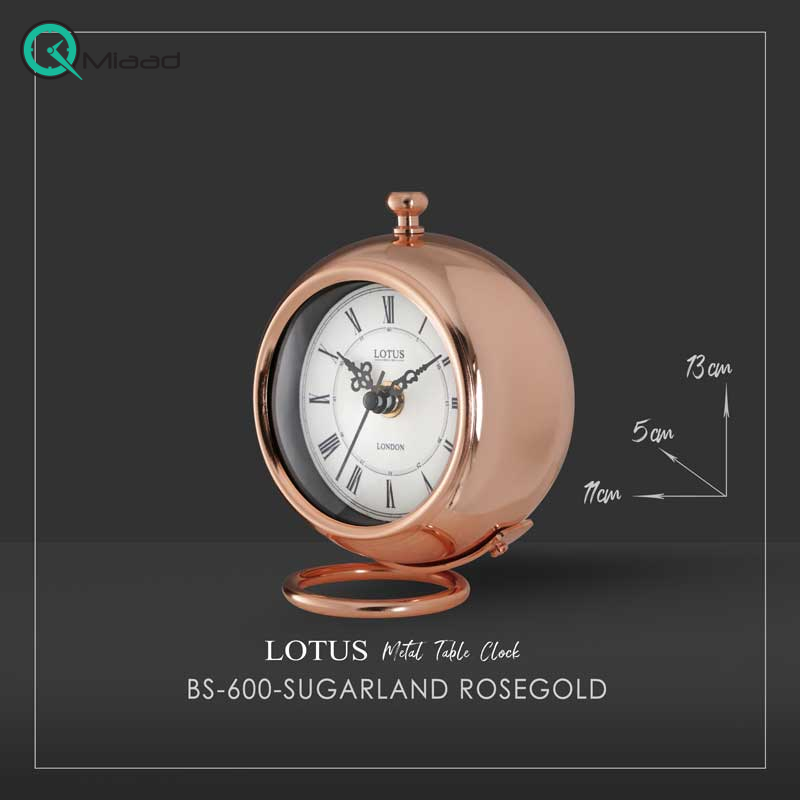ساعت رومیزی فلزی لوتوس، ساعت رومیزی آبکاری شده با کیفیت عالی، مدل BS-600 رنگ رزگلد قیمت ساعت رومیزی