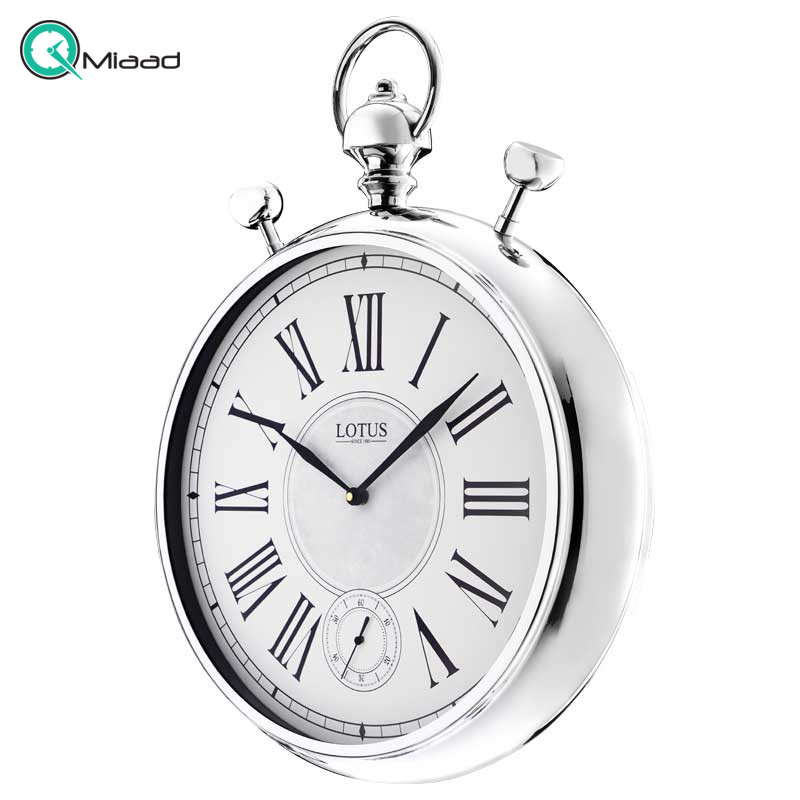 ساعت دیواری فلزی لوتوس، ساعت دیواری فلزی قطر 34، ساعت دیواری طرح جیبی نوستالژی با اعداد یونانی | مدل 20501 نقره ای ساعت دیواری