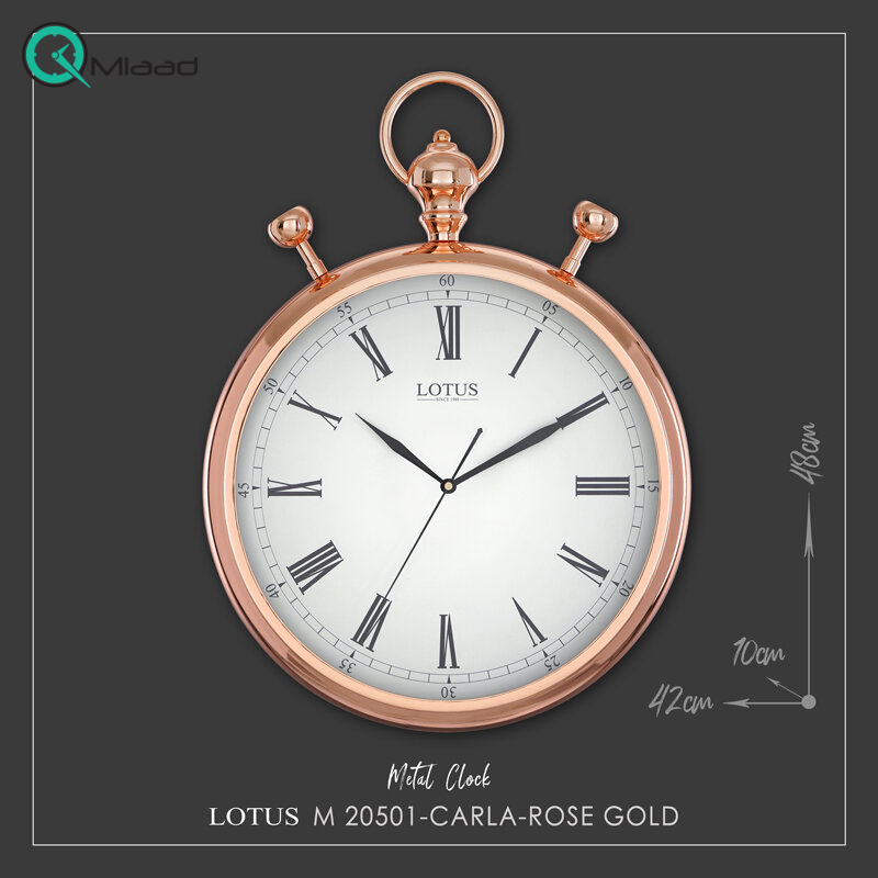 ساعت دیواری فلزی لوتوس مدل 20501 رزگلد، ساعت دیواری فلزی قطر 34، ساعت دیواری طرح جیبی نوستالژی با اعداد یونانی خرید ساعت دیواری شیک