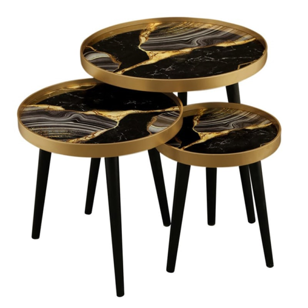 میز عسلی، میز عسلی چوبی سه تکه لوتوس، دارای شیشه متحرک و چاپ مستقیم روی شیشه، مدل NAPOLI کد 731