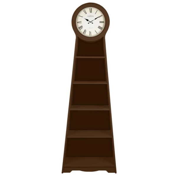ساعت ایستاده ویترین دار لوتوس مدل 998، ساعت سالنی با طراحی ویترین دار و کتابخانه ای، ساعتی با متریال چوب مقاوم بدنه و طراحی نوین، رنگ قهوه ای