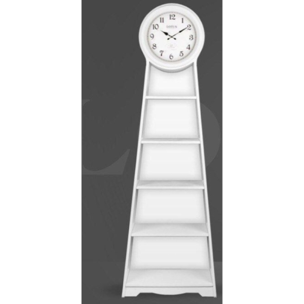 ساعت ایستاده ویترین دار لوتوس مدل 998، ساعت سالنی با طراحی ویترین دار و کتابخانه ای، ساعتی با متریال چوب مقاوم بدنه و طراحی نوین، رنگ سفید