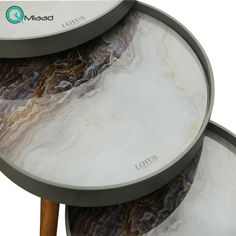 میز عسلی، میز عسلی چوبی سه تکه لوتوس، نقاشی شده به سبک روستیک، دارای شیشه متحرک و چاپ مستقیم روی شیشه، مدل LUCCA کد 731 خرید میز عسلی