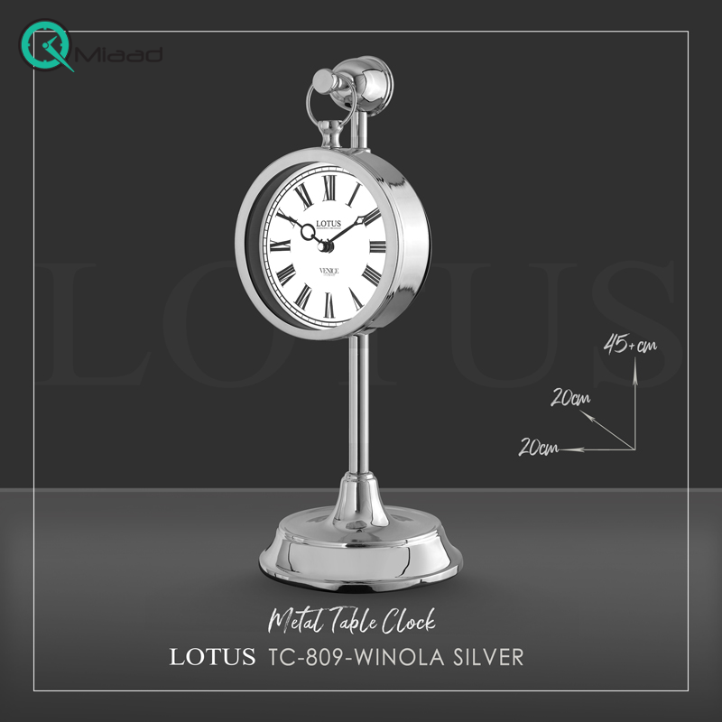 ساعت رومیزی فلزی لوتوس مدل TC-809، ساعت رومیزی فلزی مدل WINOLA، آبکاری باکیفیت بدنه با رنگ نقره ای ساعت رومیزی چوبی