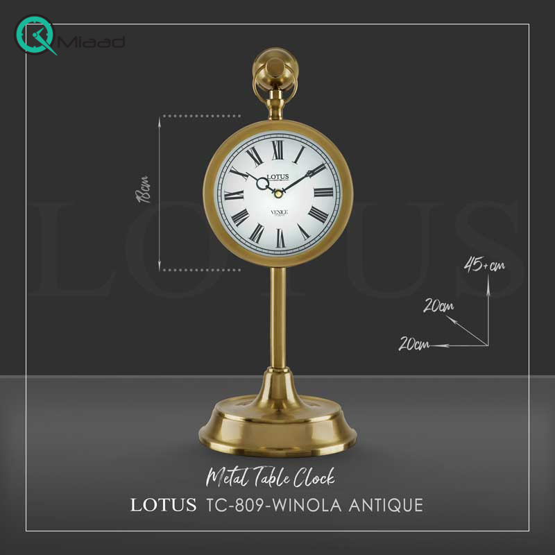 ساعت رومیزی فلزی لوتوس، ساعت رومیزی فلزی مدل WINOLA، آبکاری باکیفیت بدنه با رنگ آنتیک، مدل TC-809 قیمت ساعت رومیزی