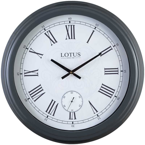 ساعت دیواری فلزی لوتوس، ساعت دیواری سایز 60 با موتور ثانیه شمار مستقل، صفحه سفید و اعداد رومی، مدل ویستا 16039