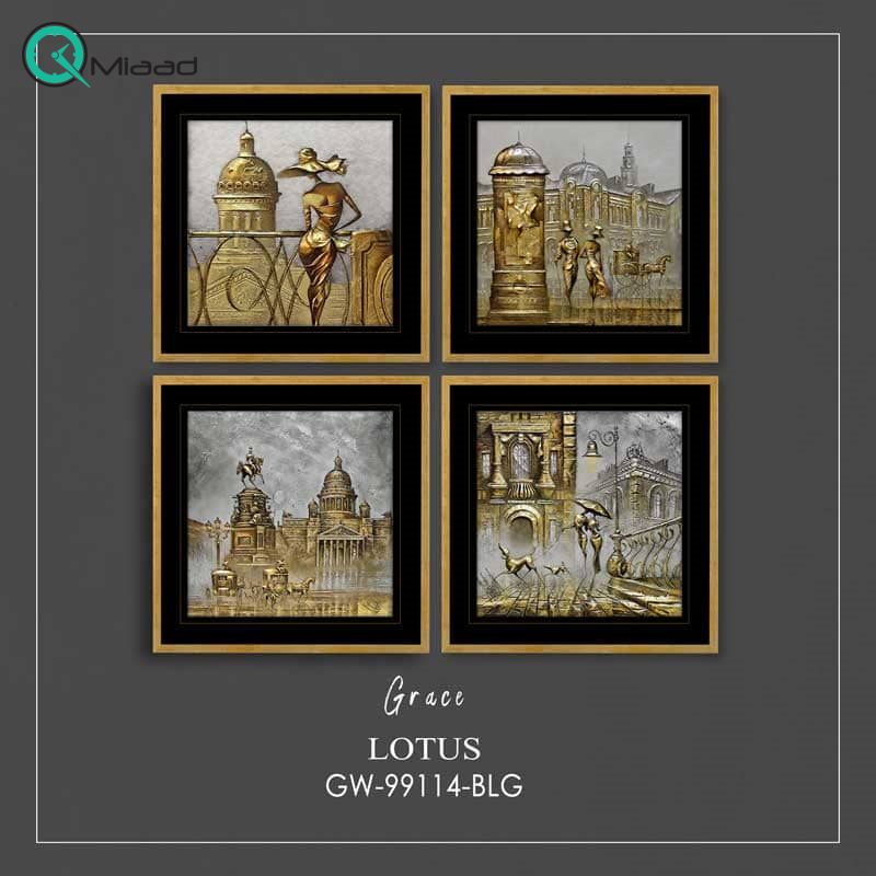 تابلو چوبی، تابلو چهار تکه لوتوس، ست کامل تابلو ورق طلا، به شدت زیبا و هنری، مدل GRACE، کد gw 99114 blg set قیمت تابلو