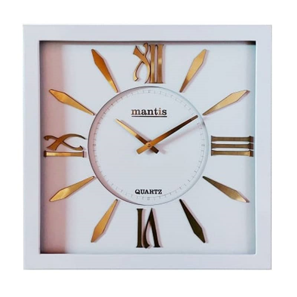 ساعت دیواری مانتیس، ساعت دیواری چهار گوش با موتور آرامگرد و بدون صدا، سایز 55، اعداد رومی، رنگ سفید و جزئیات طلایی، مدل 504