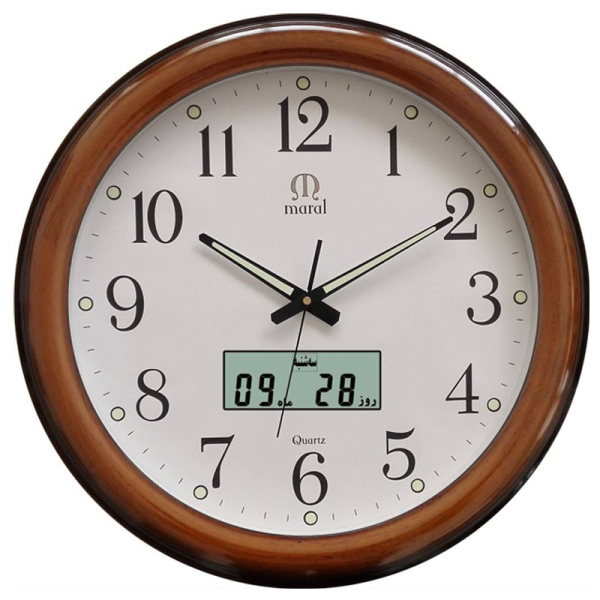 ساعت دیواری مارال، ساعت دیواری گرد کلاسیک سایز 52، موتور آرامگرد بی صدا، نمایش دیجیتالی روز و ساعت روی صفحه، اعداد ساعت شبنما، مدل 12