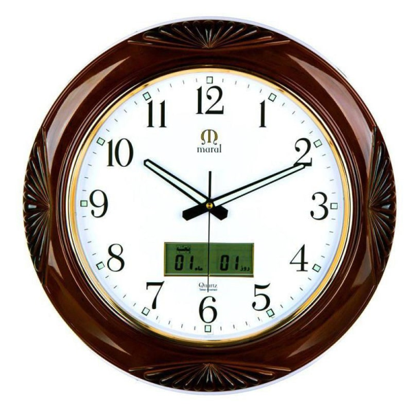 ساعت دیواری چوبی مارال، ساعت دیواری با اعداد شبنما، دارای تقویم و ساعت جداگانه دیجیتالی، گرد، طرح چوب براق، صفحه سفید | کد 8
