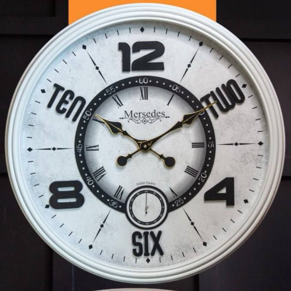 ساعت دیواری مرسدس مدل M-120، ساعت دیواری دو موتوره سایز 73 پلاستیکی طرح کلاسیک با صفحه تمام چوبی و اعداد برجسته مولتی، رنگ سفید