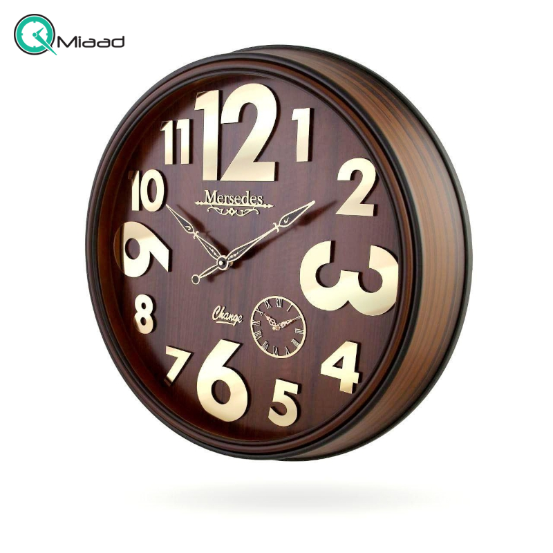 ساعت دیواری مرسدس M280، ساعت دیواری سایز 73 پلاستیکی طرح کلاسیک با صفحه چوبی و اعداد برجسته مولتی، رنگ قهوه ای ساعت دیواری کلاسیک