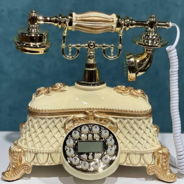 تلفن رومیزی سلطنتی میرون مدل 111، تلفن رومیزی سلطنتی دارای شناسه تماس گیرنده و شماره گیر دکمه ای، رنگ سفید طلایی