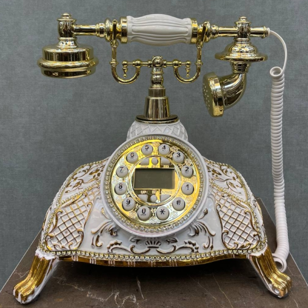 تلفن تزیینی میرون مدل 115، تلفن رومیزی سلطنتی با ترکیب رنگ سفید طلایی، دارای شناسه تماس گیرنده و شماره گیر دکمه ای	