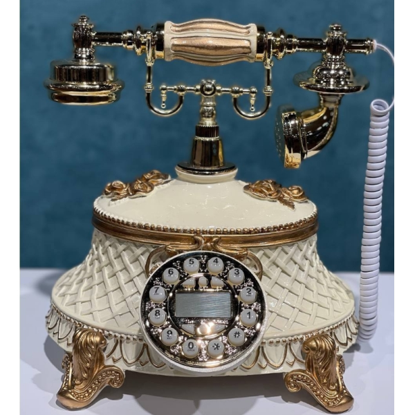 تلفن رومیزی سلطنتی میرون مدل 122، تلفن رومیزی سلطنتی دارای شناسه تماس گیرنده و شماره گیر دکمه ای، رنگ سفید طلایی
