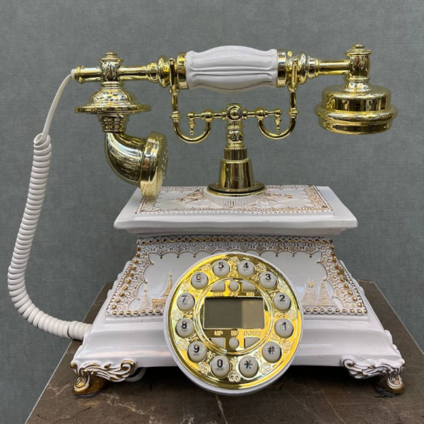 تلفن رومیزی سلطنتی میرون مدل 123، تلفن رومیزی سلطنتی با ترکیب رنگ سفید طلایی، دارای شناسه تماس گیرنده و شماره گیر دکمه ای