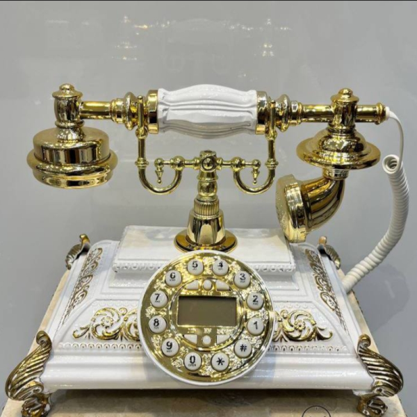 تلفن رومیزی سلطنتی میرون مدل 131، تلفن رومیزی سلطنتی دارای شناسه تماس گیرنده و شماره گیر دکمه ای، رنگ سفید طلایی
