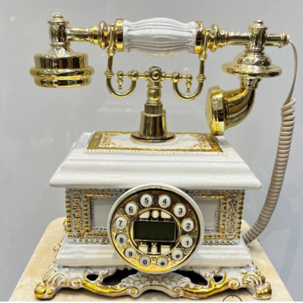 تلفن رومیزی سلطنتی میرون مدل 137، تلفن رومیزی سلطنتی دارای شناسه تماس گیرنده و شماره گیر دکمه ای، رنگ سفید طلایی