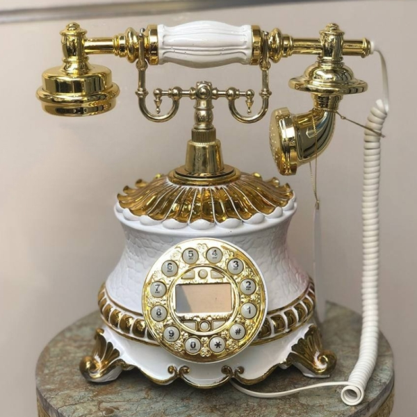 تلفن رومیزی سلطنتی میرون مدل 140، تلفن رومیزی سلطنتی دارای شناسه تماس گیرنده و شماره گیر دکمه ای، رنگ سفید طلایی