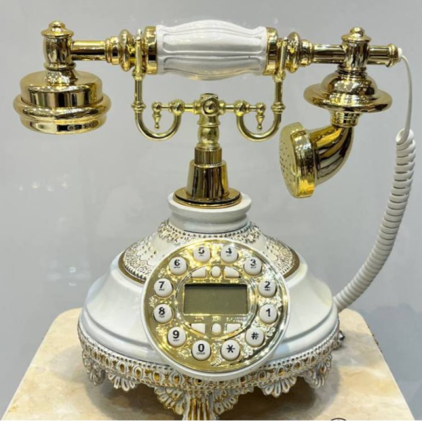 تلفن رومیزی سلطنتی میرون مدل 145، تلفن رومیزی سلطنتی دارای شناسه تماس گیرنده و شماره گیر دکمه ای، رنگ سفید طلایی