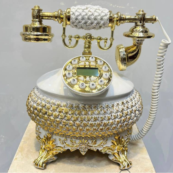 تلفن رومیزی سلطنتی میرون مدل 147، تلفن رومیزی سلطنتی با قابلیت شناسه تماس گیرنده و شماره گیر دکمه ای، رنگ سفید طلایی