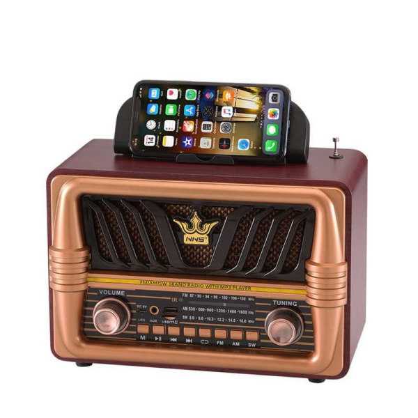 رادیو شارژی کلاسیک، رادیو شارژی قابل حمل با قابلیت های فوق العاده، دکوری زیبا مناسب خانه و محل کار، مدل 8077، چوب قرمز طلایی