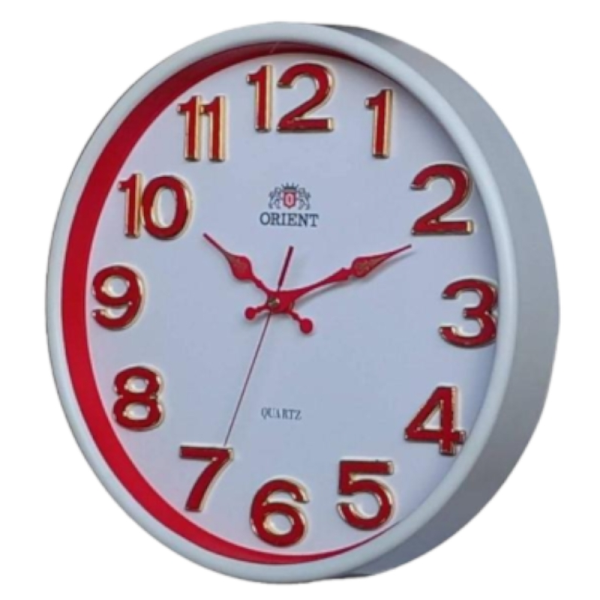 ساعت دیواری اورینت مدل 8، ساعت دیواری سایز 32 شماره برجسته با تنوع رنگ بندی،متریال پلاستیک، دارای فونت لاتین اعداد، دارای موتور آٰرامگرد، رنگ سفید قرمز