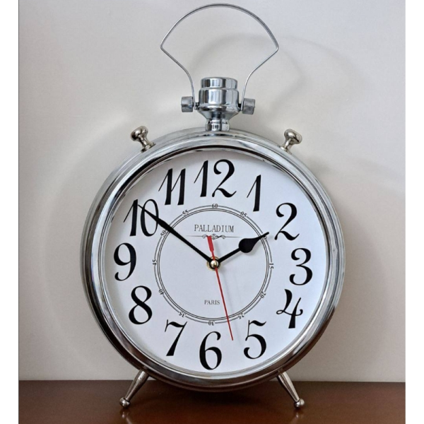 ساعت رومیزی فلزی پالادیوم مدل 101، ساعت رومیزی آبکاری شده با کیفیت عالی در طرح و رنگ متفاوت، دارای اعداد لاتین، طراحی مدرن و چشمگیر، رنگ نقره ای سفید