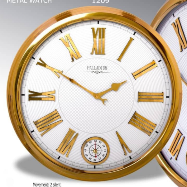 ساعت دیواری فلزی پالادیوم، ساعت دیواری دو موتوره سایز 55 با اعداد برجسته یونانی، ساعت دیواری شیک و متفاوت آبکاری شده با فریم فلزی به رنگ طلایی و صفحه سفید | مدل 1209