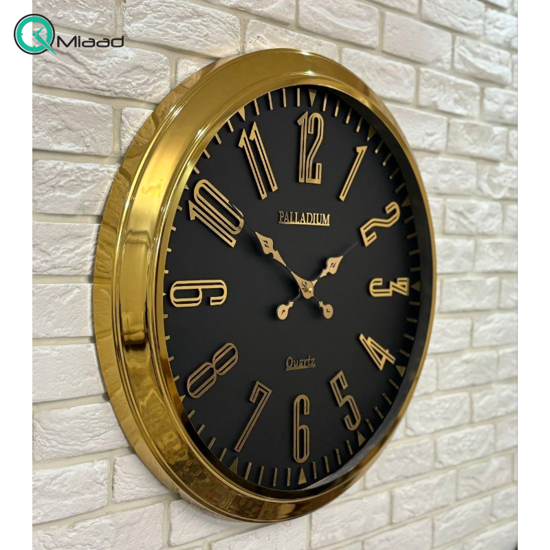 ساعت دیواری فلزی پالادیوم مدل 501، ساعت دیواری سایز 70 با فونت ساده و خوانا اعداد، ساعت دیواری شیک و متفاوت آبکاری شده با فریم فلزی، رنگ طلایی مشکی قیمت ساعت دیواری