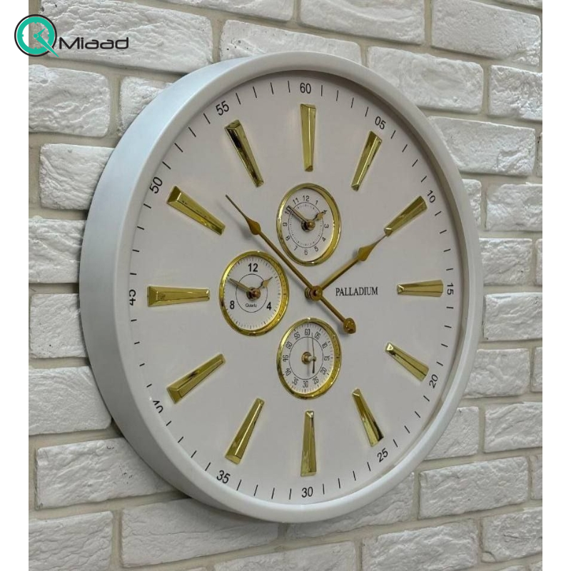 ساعت دیواری فلزی پالادیوم مدل 5310، ساعت دیواری مدرن و فلزی با طراحی عالی، دارای چهار موتور فعال ، دارای موتور نمایش گرافیکی روز و شب، رنگ سفید طلایی ساعت دیواری فلزی