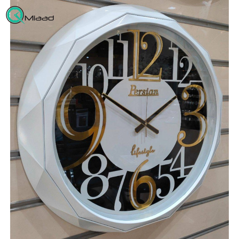 ساعت دیواری پرشین مدل 704-2، ساعت دیواری با تنوع رنگی، صفحه چوب و کاغذ دیواری برجسته، دارای موتور روانگرد و اعداد برجسته آبکاری شده لاتین، سایز 60، رنگ سفید  ساعت دیواری چهارگوش