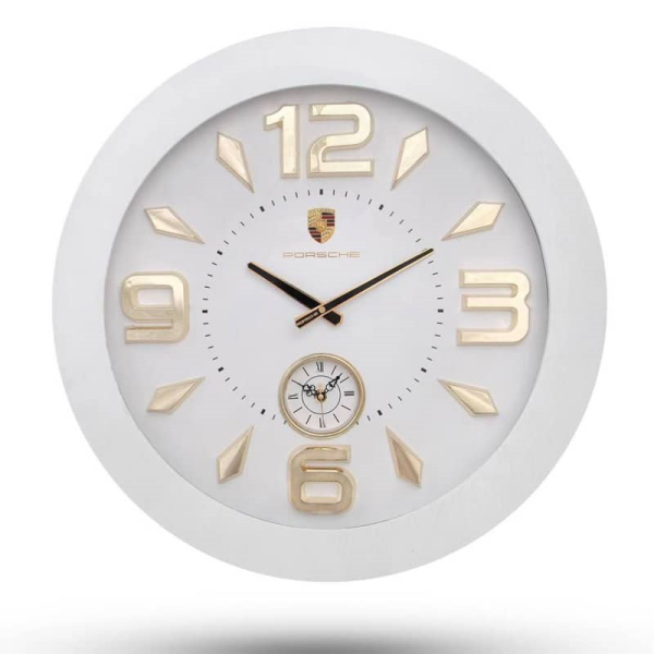 ساعت دیواری پورشه، ساعت دیواری بسیار زیبا، متریال پلاستیک طرح چوب این ساعت، تنوع رنگی در 4 رنگ، سایز 58 سانتی‌متر، مدل 211 سفید