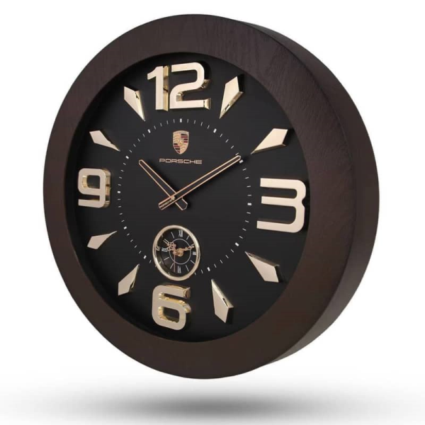 ساعت دیواری پورشه، ساعت دیواری بسیار زیبا، متریال پلاستیک طرح چوب این ساعت، سایز 58 سانتی‌متر، مدل 211 قهوه‌ای